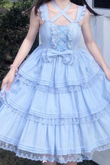 Blue First Love Triple-Layered Ruffle Bowknot Lace Sweet Lolita Jsk Dress - Product - 4