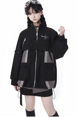 Black [Holographic Cruise] Techwear Long Sleeves Spliced Zippered Gothic Jirai Kei Skirt and Coat Set - Black(Set) - 1
