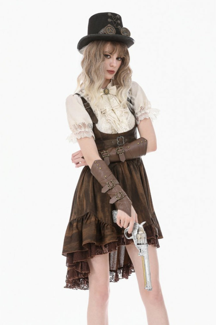 Beige Stand Collar Short Puff Sleeves Lace Sheer Lace-Up Women's Gothic Blouse with Detachable Bowknot - Product - 2
