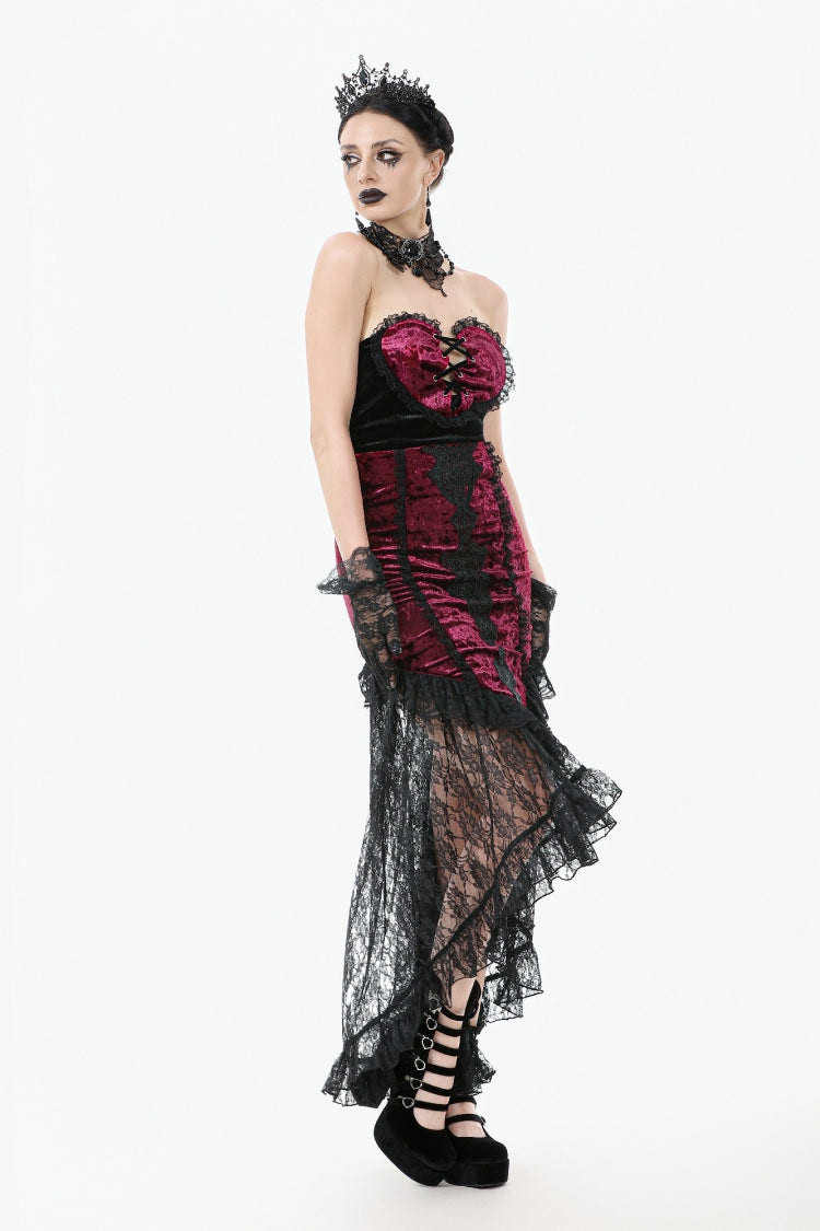 Black/Red Embroidered Velvet Spliced Lace Lace-Up Women's Gothic High/Low Maxi Skirt - Product - 8