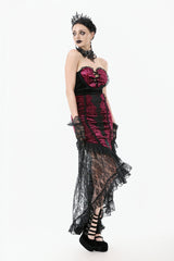 Black/Red Embroidered Velvet Spliced Lace Lace-Up Women's Gothic High/Low Maxi Skirt - Product - 8