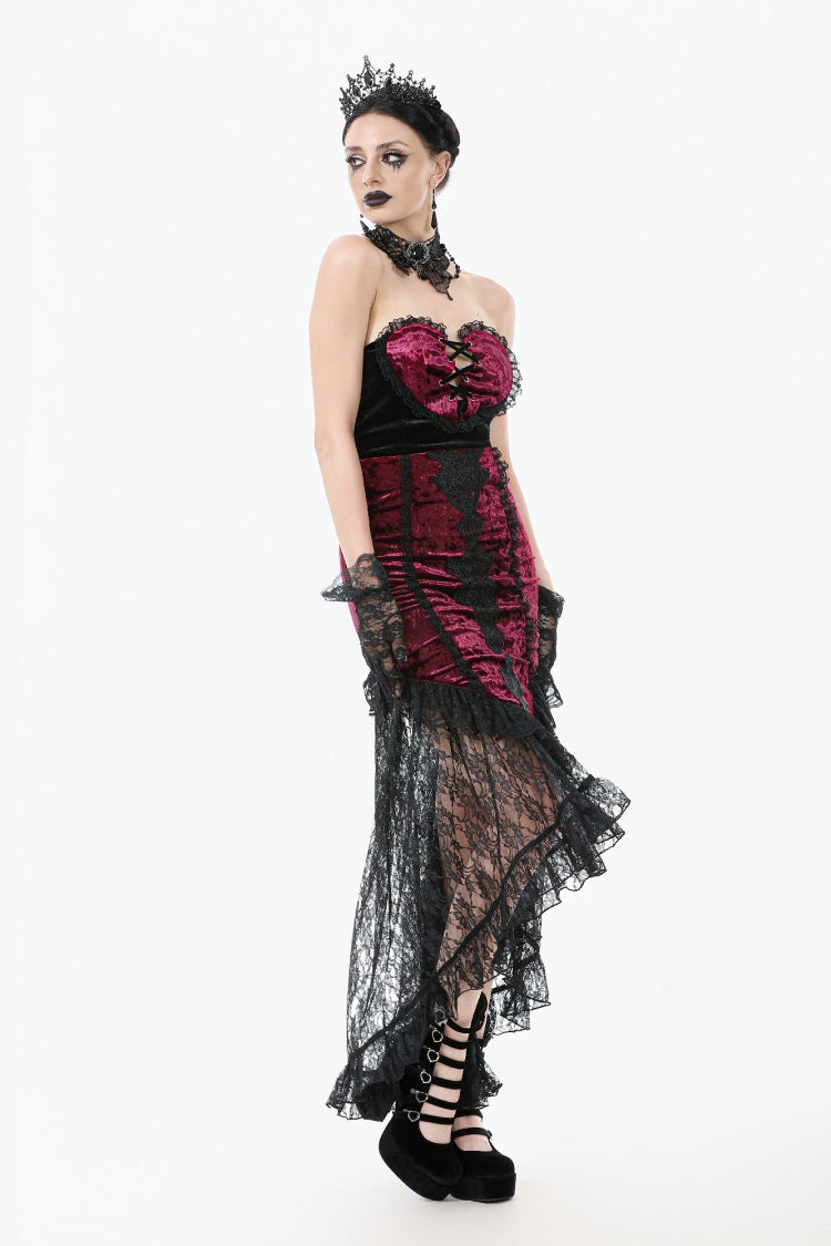 Black/Red Embroidered Velvet Spliced Lace Lace-Up Women's Gothic High/Low Maxi Skirt - Product - 8
