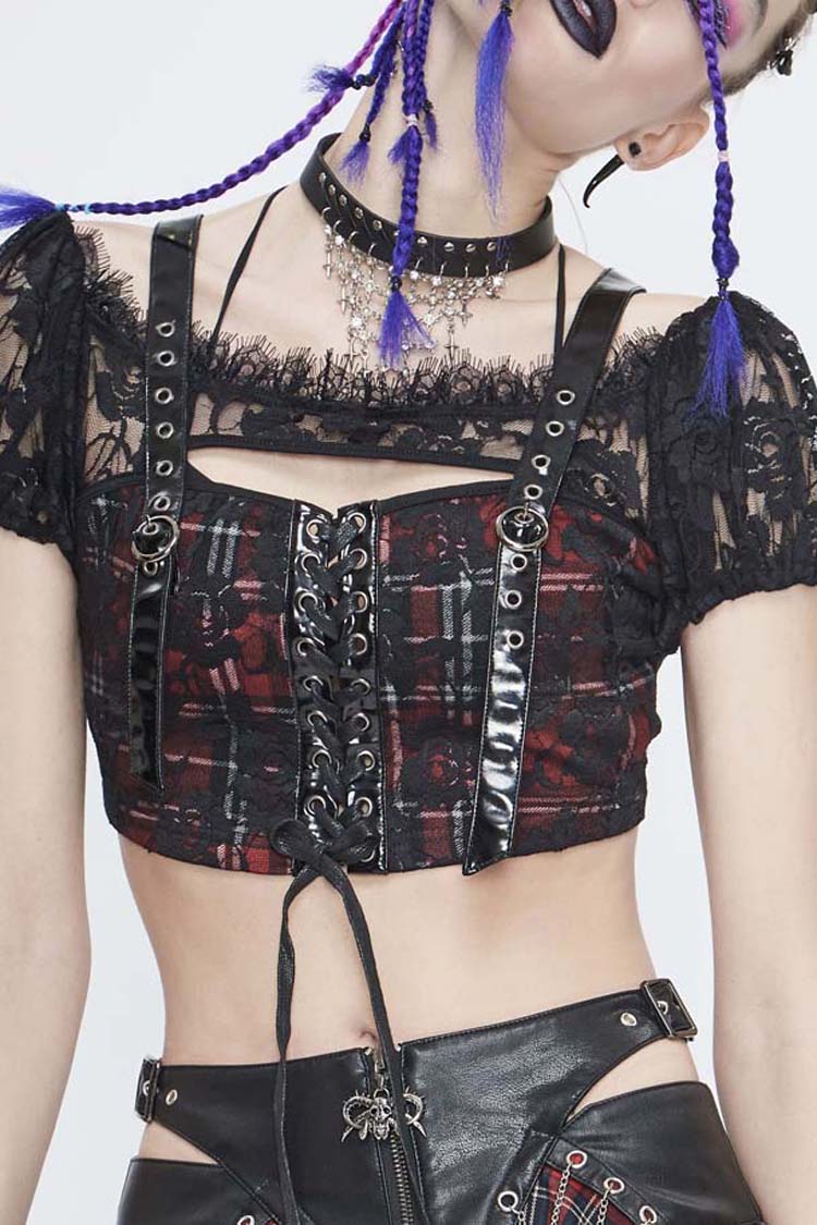 Black/Red Scottish Plaid Off Shoulder Bright Leather Straps Lace Up Lace Women's Punk T-Shirt - Black/Red - 1
