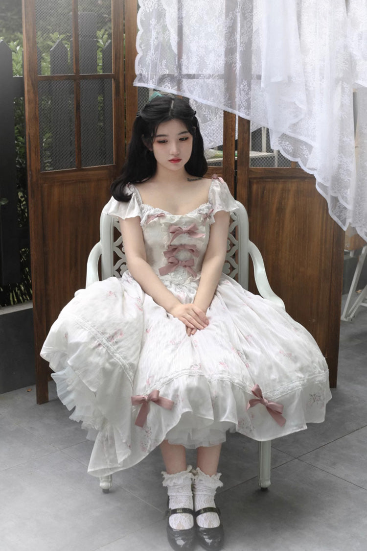 Rose Elegant Short Sleeves Print Ruffle Bowknot Sweet Plus Size Lolita Dress 2 Colors - Product - 2