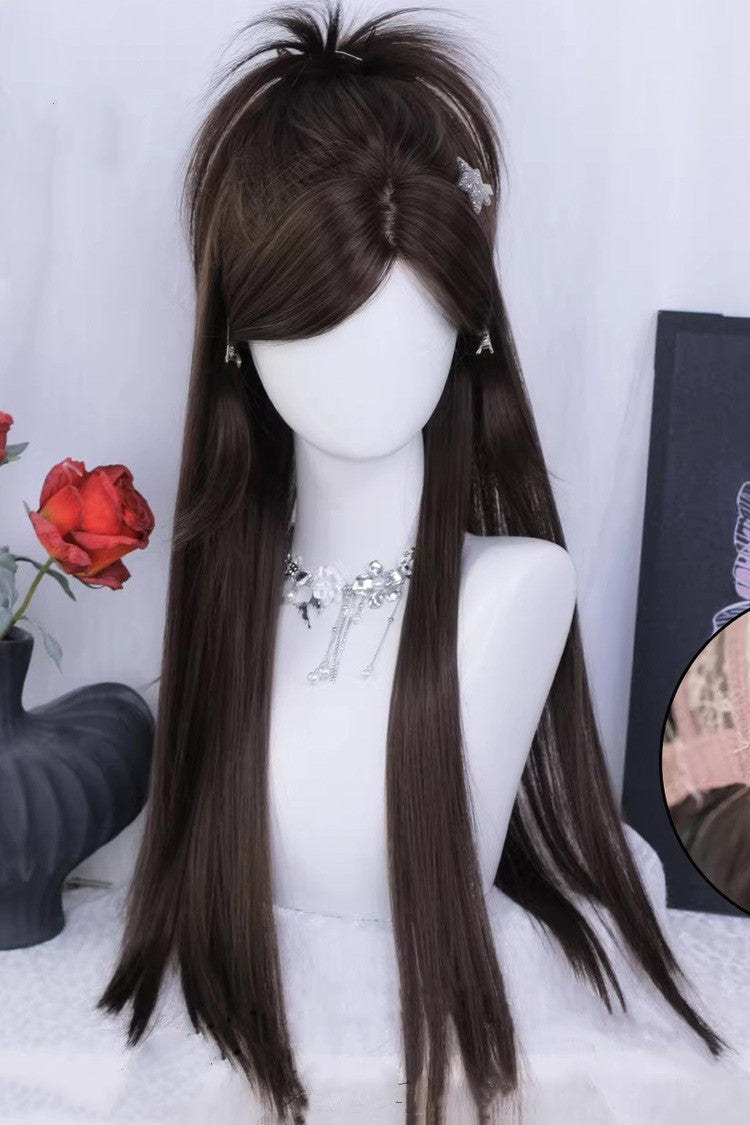 Sweet Daily Long Straight Lolita Wig with Side Part Bangs 2 Colors - Cool-Brown - 2