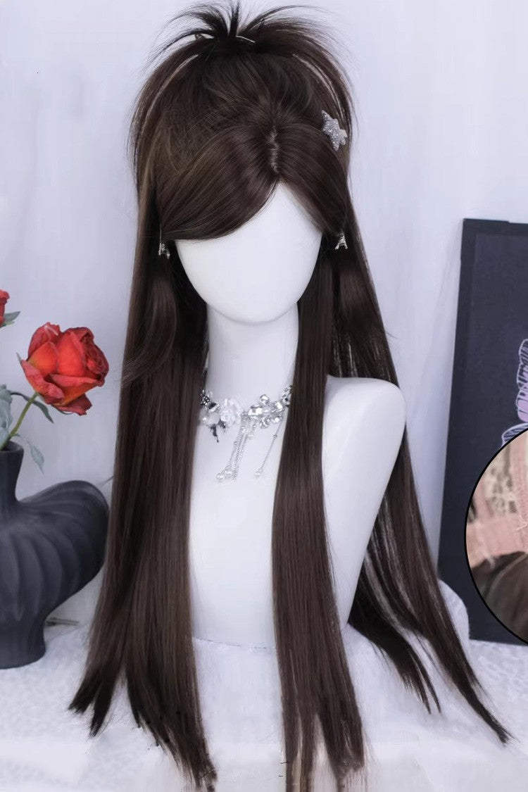 Sweet Daily Long Straight Lolita Wig with Side Part Bangs 2 Colors - Cool-Brown - 2
