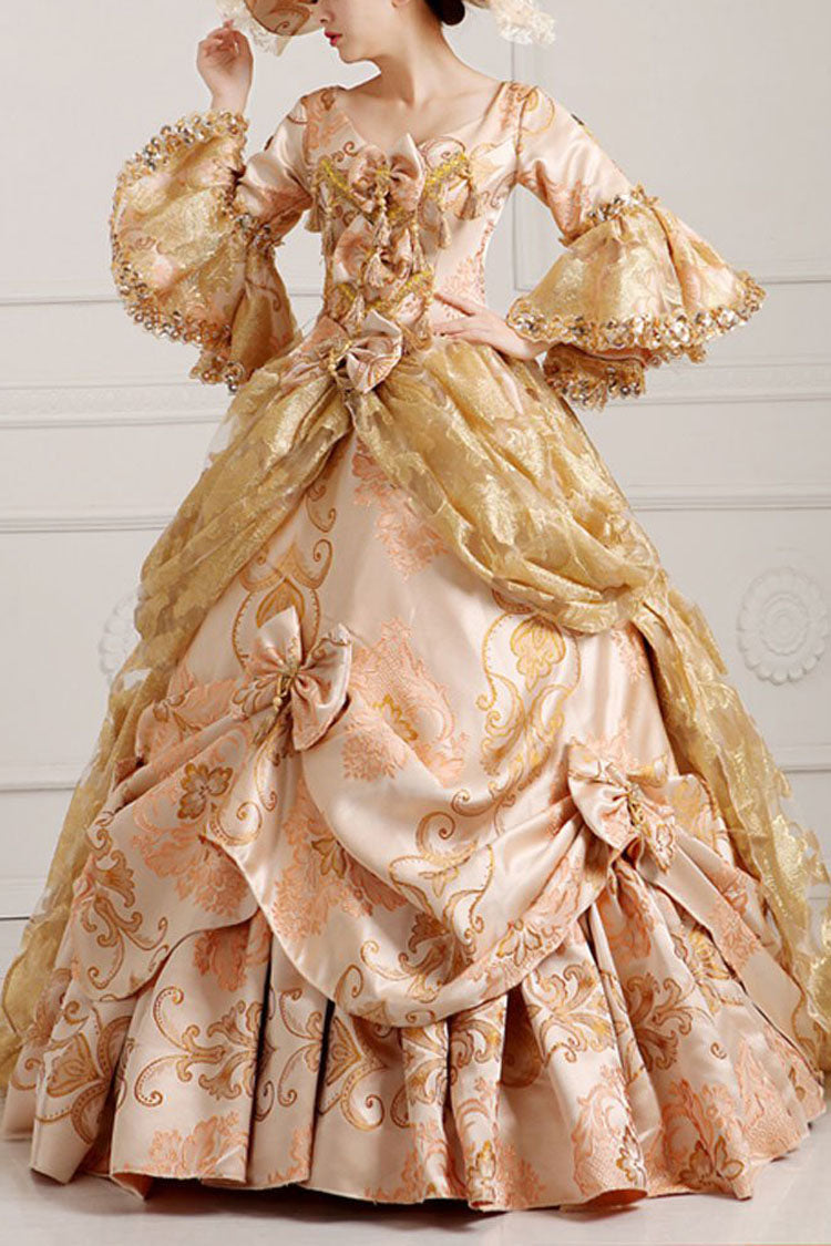 Beige/Golden Trumpet Sleeves High Waisted Embroidery Print Bowknot Multi-Layer Victorian Lolita Prom Dress - Beige/Golden - 1