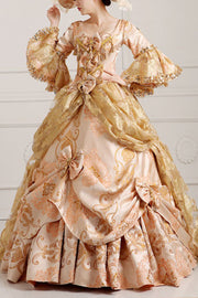 Beige/Golden Trumpet Sleeves High Waisted Embroidery Print Bowknot Multi-Layer Victorian Lolita Prom Dress - Beige/Golden - 1