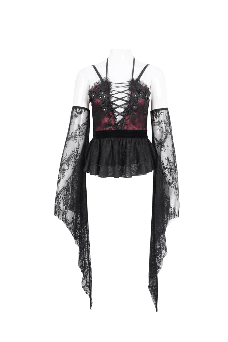 Red Embroidery Stitching Lace Lace-Up Women's Gothic Blouse - Product - 5