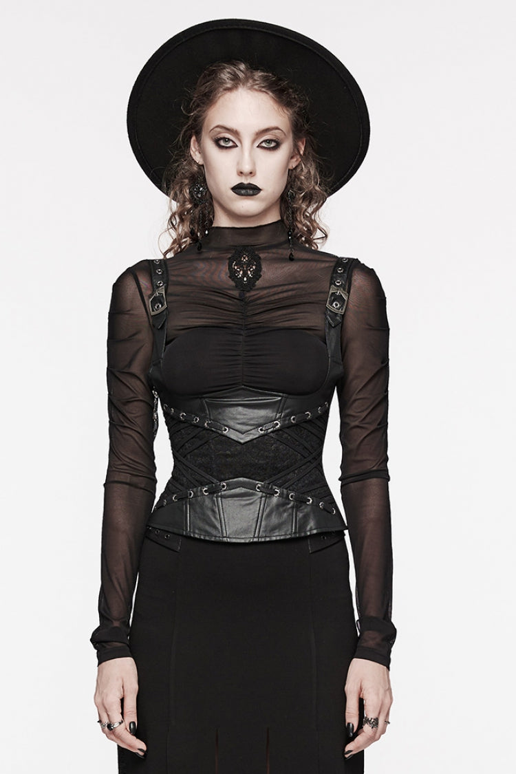Black Stitching Lace Lace-Up Women's Underbust Gothic Corset - Black - 1