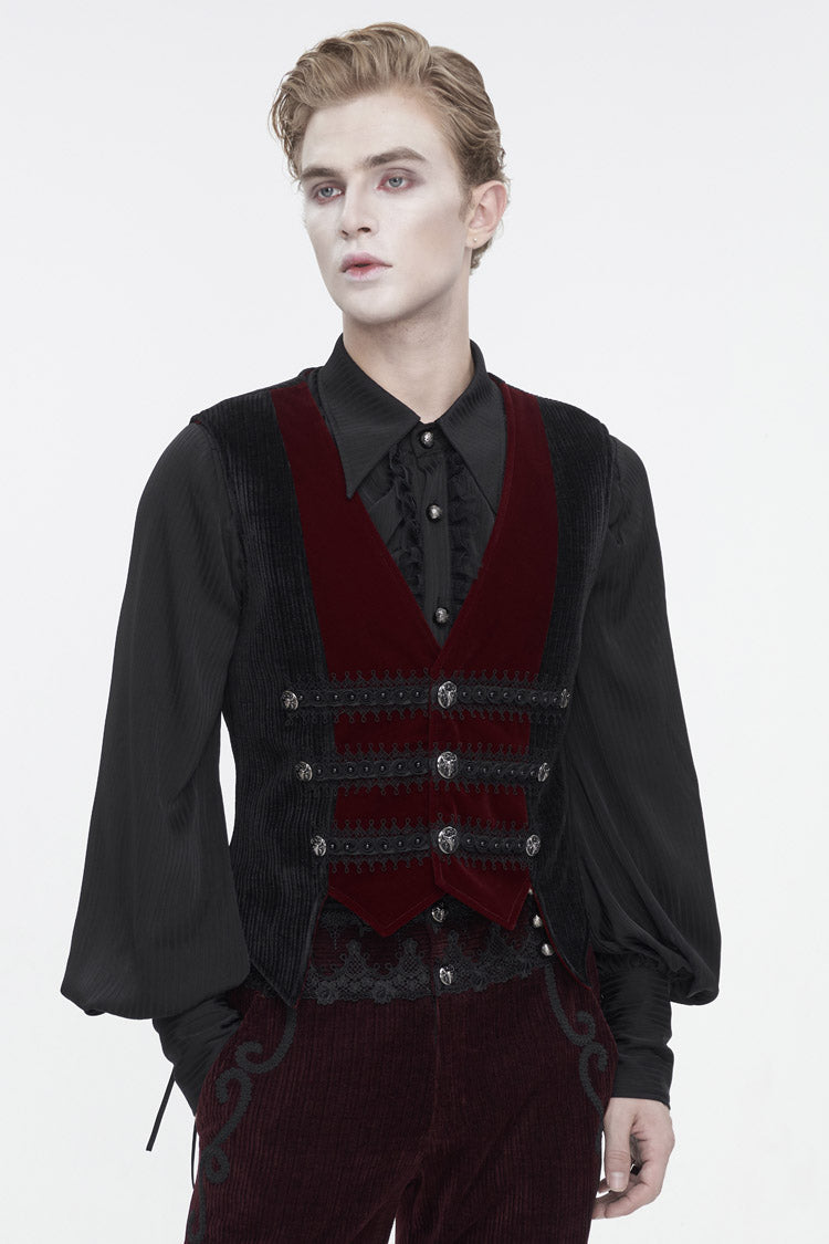 Black/Red Irregular Velvet Splice Corduroy Men's Gothic Waistcoat - Product - 3