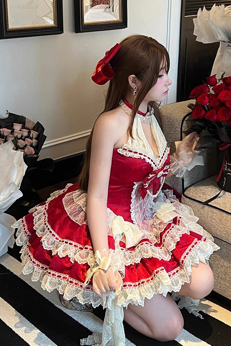 Red [Beloved Young Lady] Halterneck Sleeveless Double-Layered Ruffle Bowknot Lace Elegant Sweet Lolita Dress - Product - 8