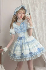 White/Blue [Layered Sea Salt Ice] Short Sleeves Ruffle Bowknot Lace Sweet Lolita Dress - White/Blue - 1