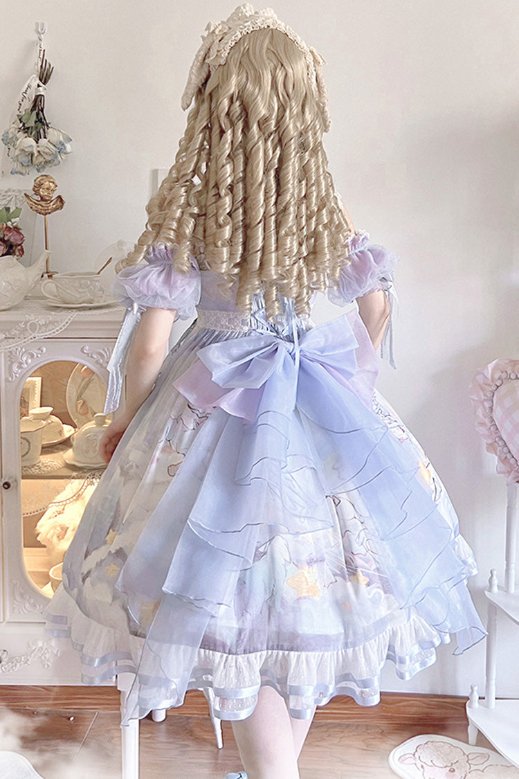 Blue [Walking In The Clouds] Print Ruffle Bowknot Lace Sweet Lolita Jsk Dress Full Set - Product - 6