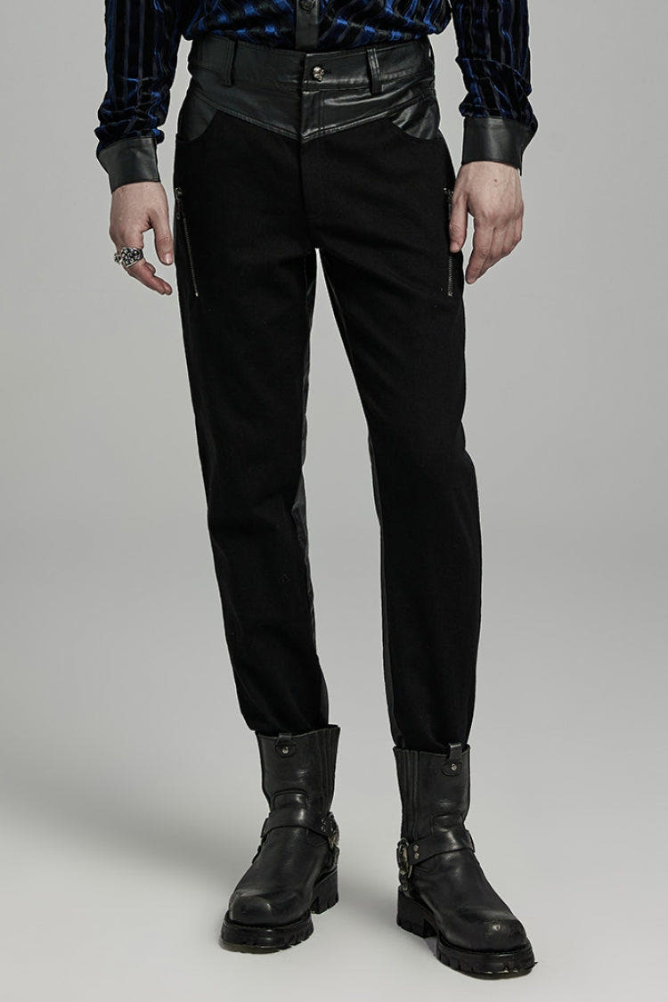 Black Faux Leather Stitching Zipper Men's Punk Pants - Black - 1