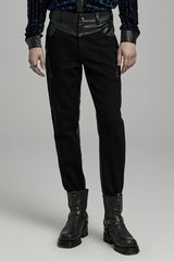 Black Faux Leather Stitching Zipper Men's Punk Pants - Black - 1
