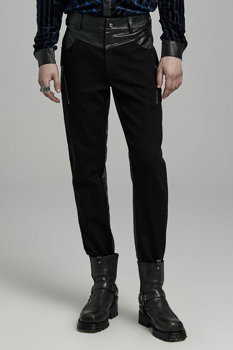 Black Faux Leather Stitching Zipper Men's Punk Pants - Black - 1