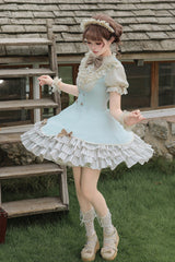 Blue [Sea Salt Snow Cap] Stand Collar Short Sleeves Petal Hem Ruffled Bow Sweet Lolita Dress Set 2 Versions - Product - 10
