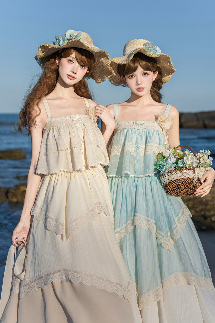 [Summer of Bluebells] Square Collar Sleeveless Jacquard Ruffled Asymmetric Sweet Lolita Skirt Set 2 Colors (Blue/Green, Ivory) - Product - 13