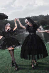 Black Twin Ivory Towers Short Sleeves Five-Layered Ruffle Gothic Lolita Dress - Product - 2