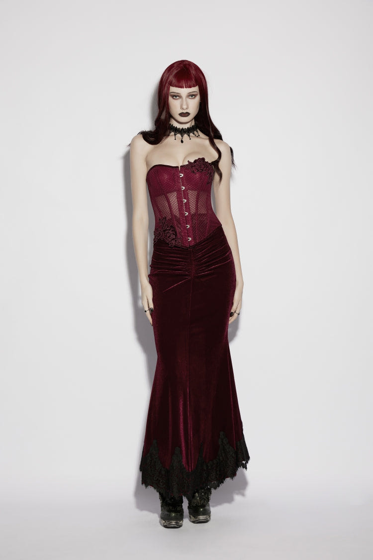 Red Embroidered Lace Lace-Up Slim Sheer Strappy Women's Gothic Corset - Product - 6