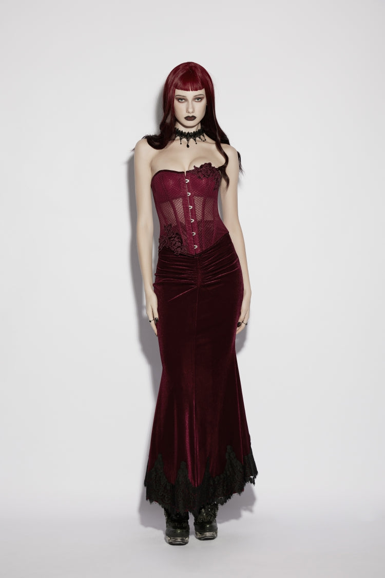 Red Embroidered Lace Lace-Up Slim Sheer Strappy Women's Gothic Corset - Product - 6