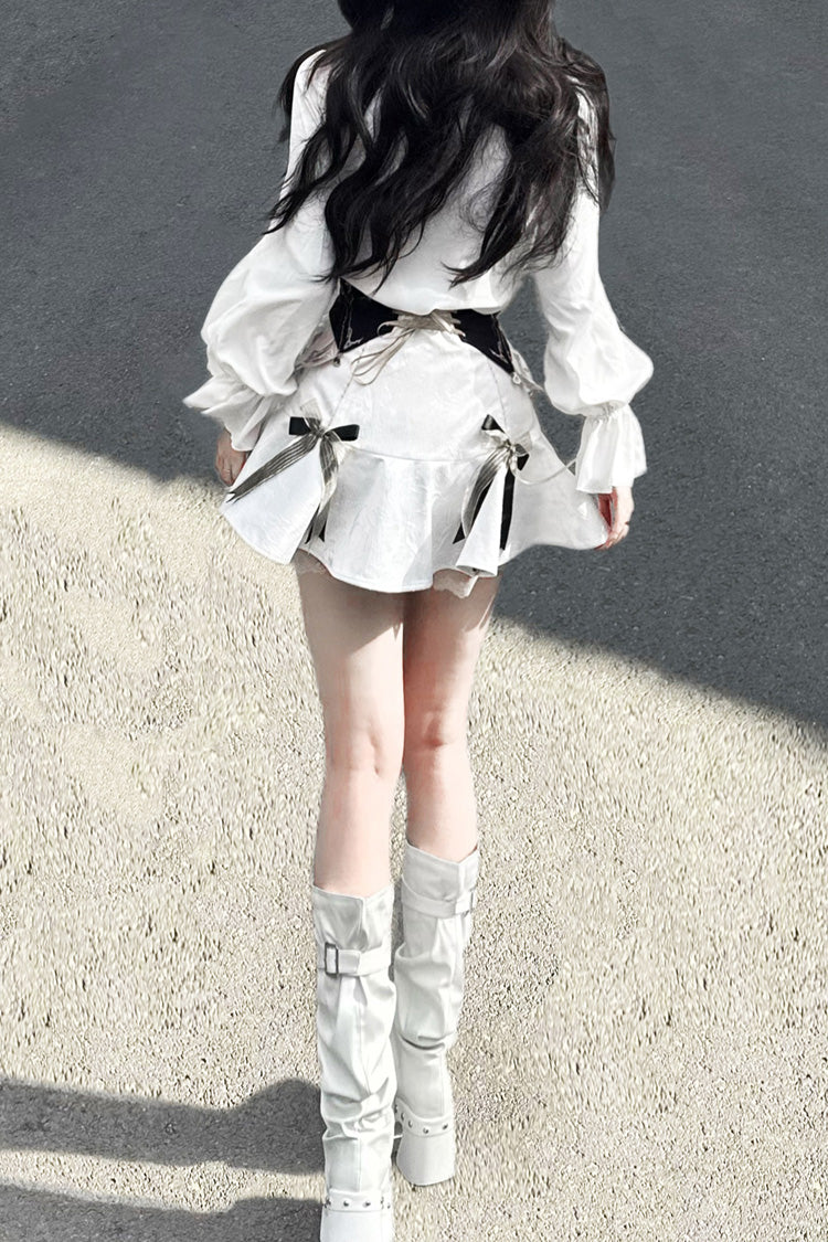 White [Star Gate] Jacquard Embroidery Bowknot Irregular Sweet Elegant Princess Lolita Skirt - Product - 13