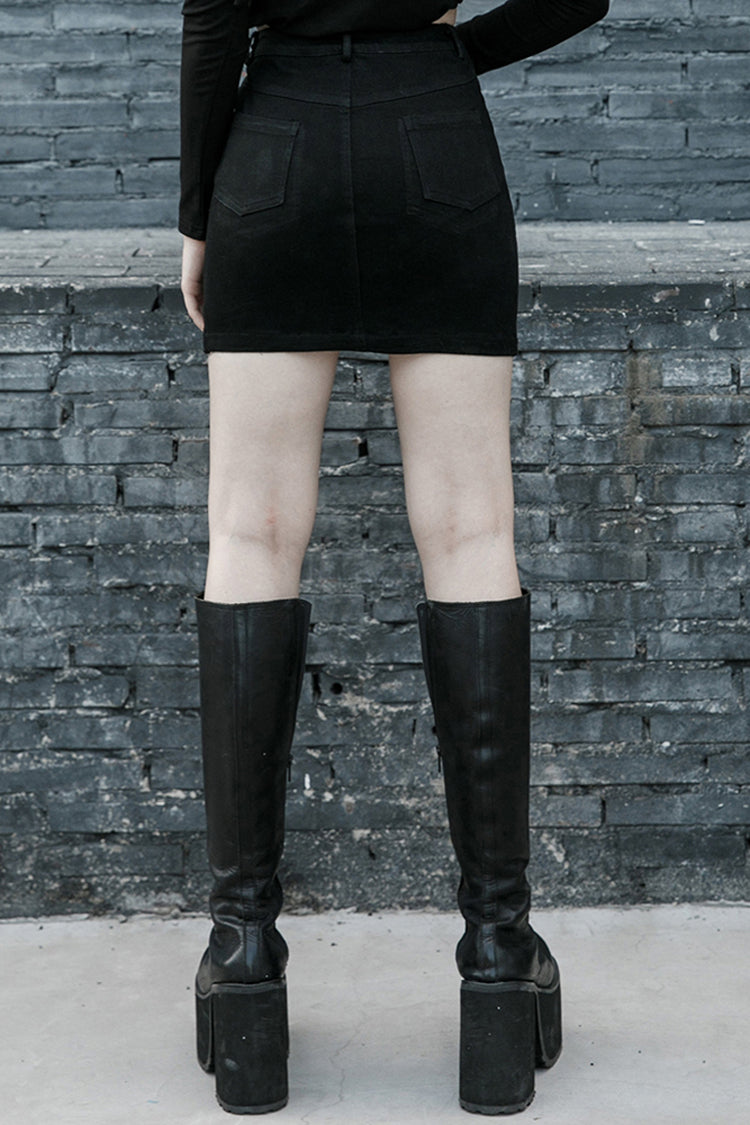 Black Metal Slant Buckle Loop Decoration Irregular Hem Denim Women's Punk Skirt - Product - 3