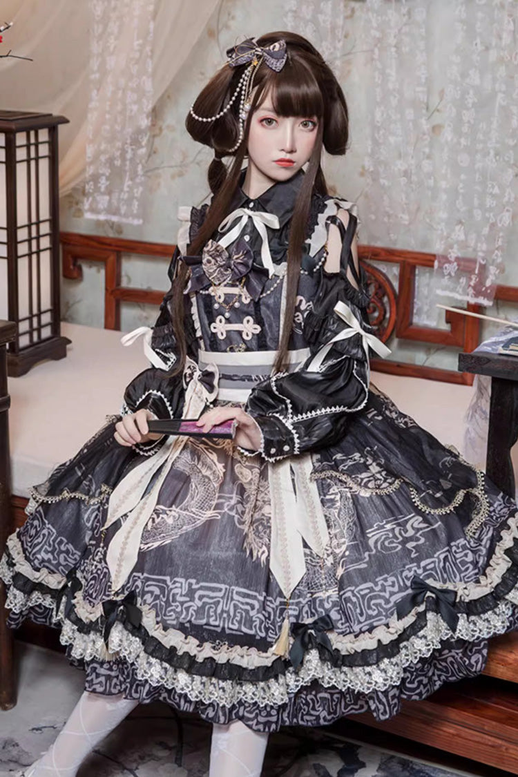 Black [Yuelong Poetry] Print Ruffle Lace Sweet Chinese Style Lolita Jsk Dress - Black - 1