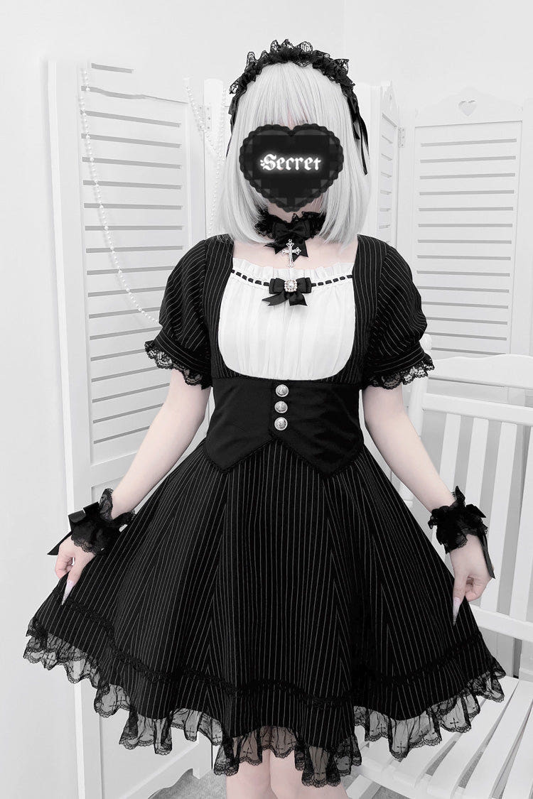 ブラック／ホワイト 半袖 ストライプ プリント フリル リボン クロス ウエスト Maid スウィート 和風 ロリータワンピース セット