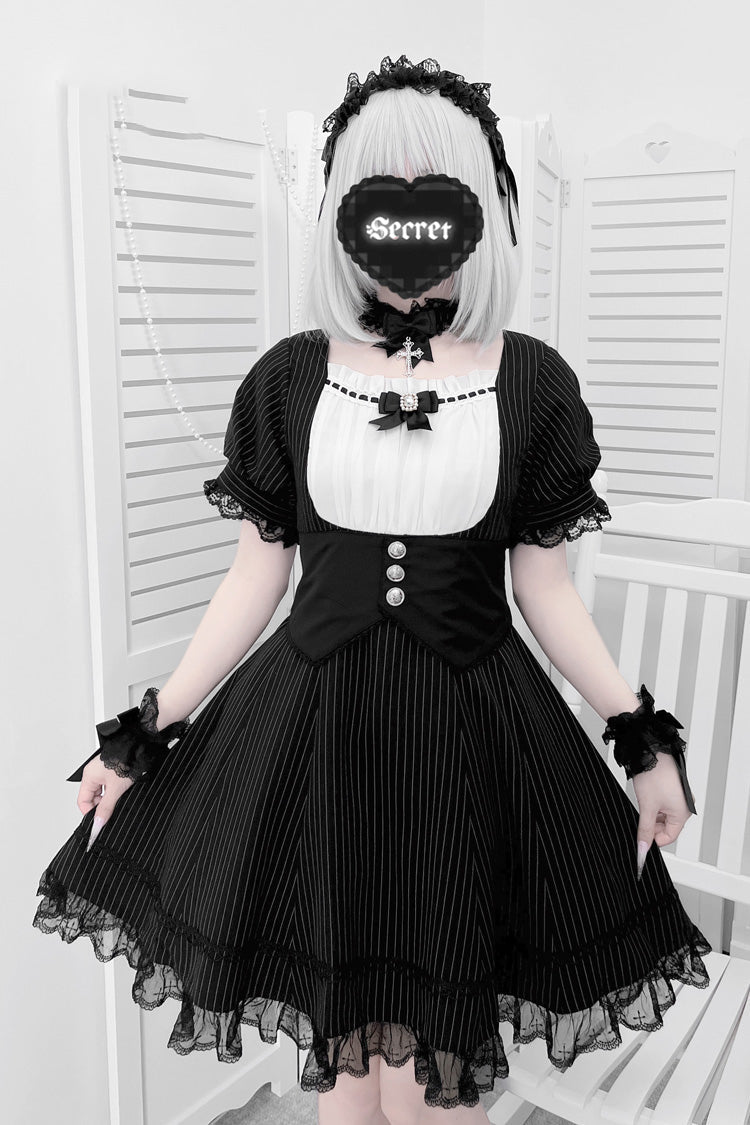 Black/White Short Sleeves Stripe Print Ruffle Bowknot Cross Waist Maid Sweet Japanese Lolita Dress Set - Black/White/Stripe - 1