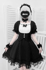 Black/White Short Sleeves Stripe Print Ruffle Bowknot Cross Waist Maid Sweet Japanese Lolita Dress Set - Black/White/Stripe - 1