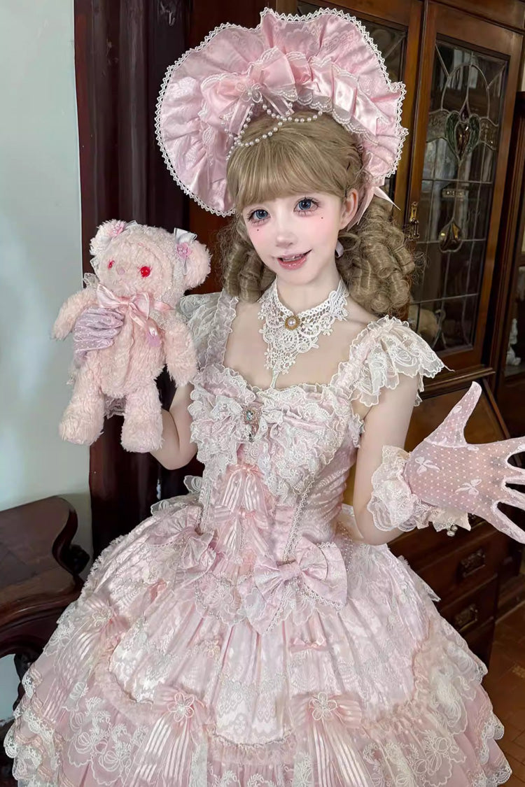Pink [Moonlit Sakura Ode] Sleeveless Multi-Layered Ruffled Bow Lace Sweet Lolita Dress - Product - 4