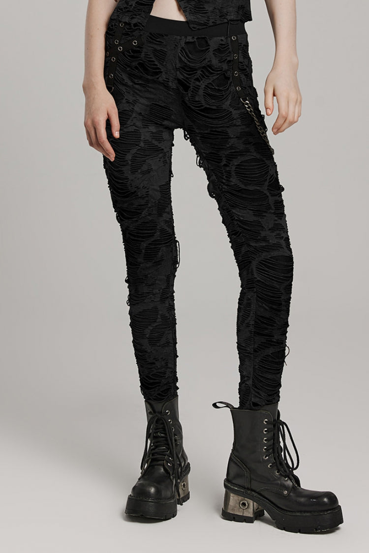 Slim Ripped Eyelet Chain Women's Steampunk Leggings 2 Colors - Product - 4