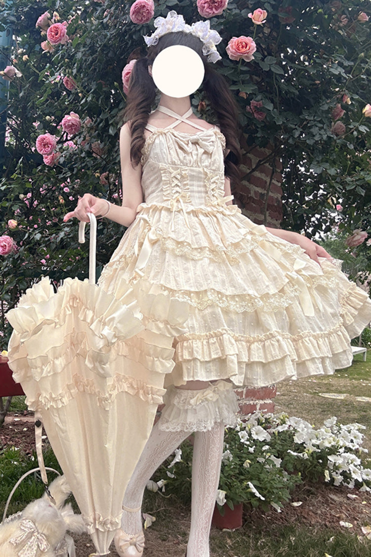 Apricot [Miss Pearl] Sleeveless Double-Layered Bowknot Lace Lace-Up Sweet Lolita Jsk Dress - Product - 3