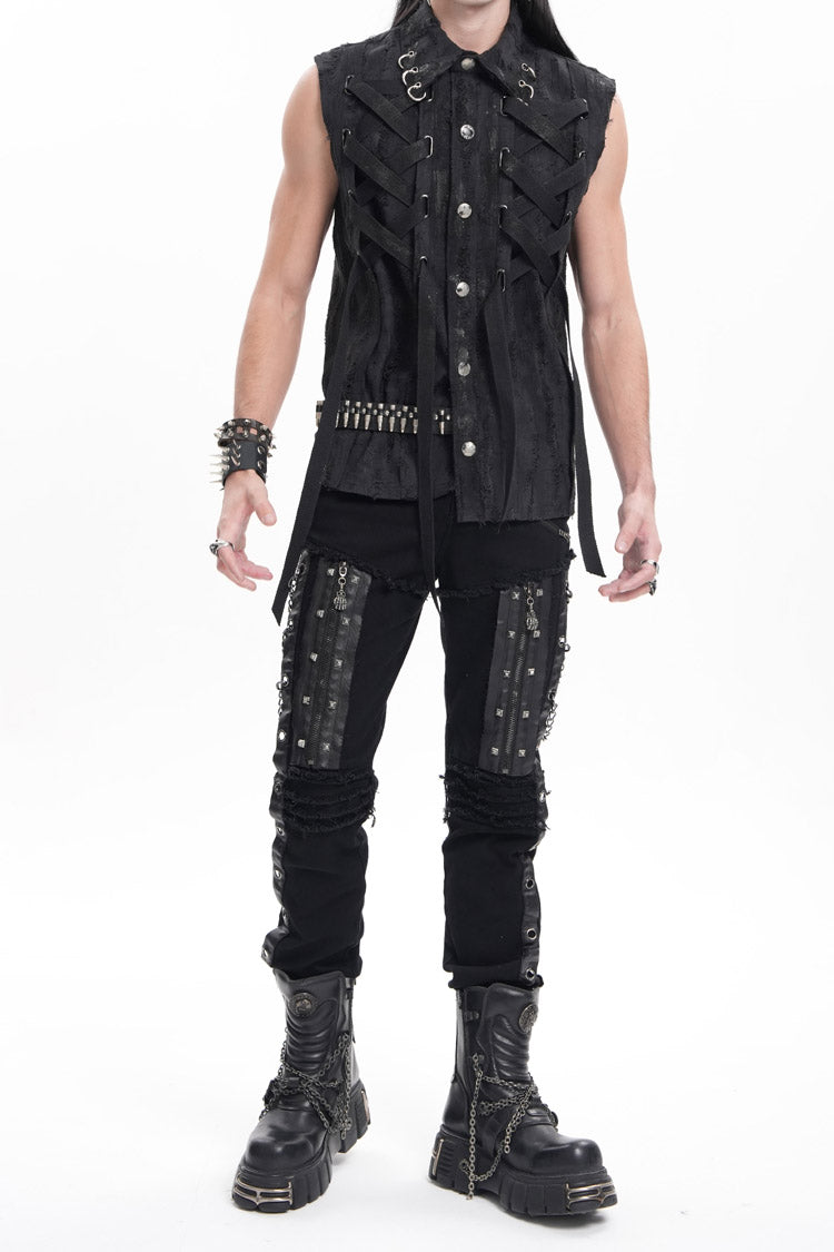 Black Stitching Eyelets Chains Studs Men's Gothic Pants - Product - 8