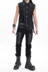 Black Stitching Eyelets Chains Studs Men's Gothic Pants - Product - 8