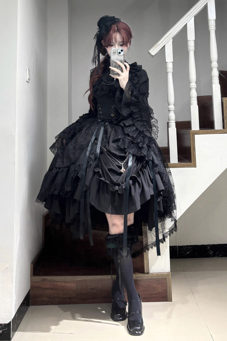 Black [Eternal Taboo] Long Hime Sleeves Ruffled Bow Gothic Lolita Skirt Dress Set - Product - 8