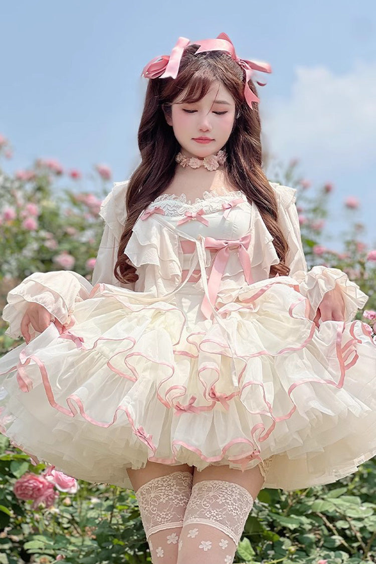 Pink/Beige Ballerina Style Bowknot Slim Fluffy Princess Sweet Lolita Tiered Dress - Product - 10