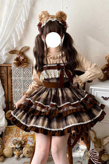 Brown Sleeveless Double-Layered Plaid Print Ruffle Bowknot Lace Sweet Lolita Jsk Dress - Product - 5