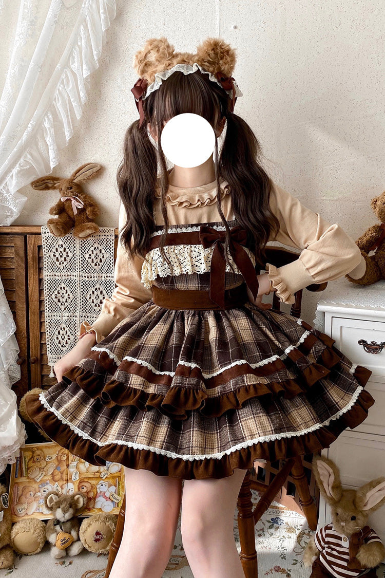 Brown Sleeveless Double-Layered Plaid Print Ruffle Bowknot Lace Sweet Lolita Jsk Dress - Product - 5
