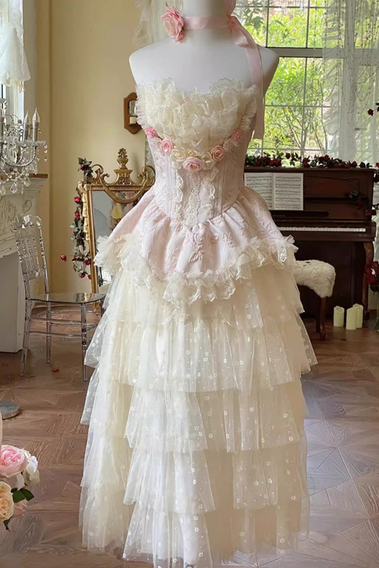 Pink Flower Goddess of Love Ruffle Bowknot Lace Sweet Elegant Lolita Maxi Skirt Dress Set - Product - 15