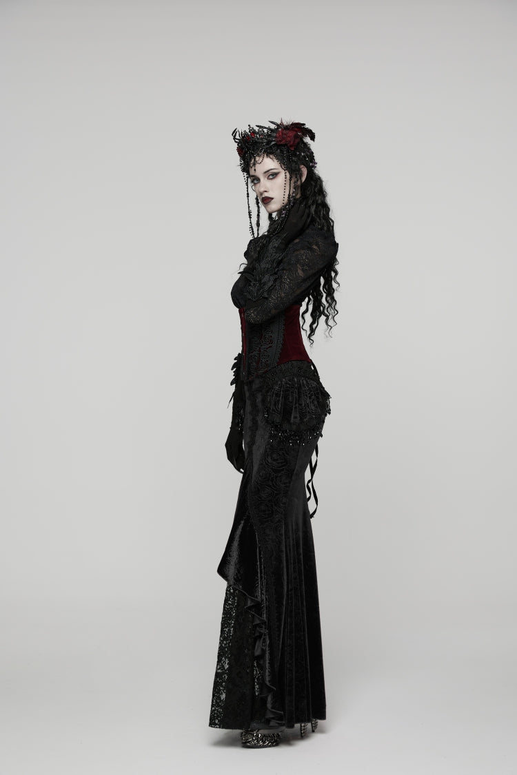 Black Printed Cut-Out Embroidered Lace Slim Irregular Women's Gothic Gorgeous Palace Cosplay Fishtail Skirt - Product - 6
