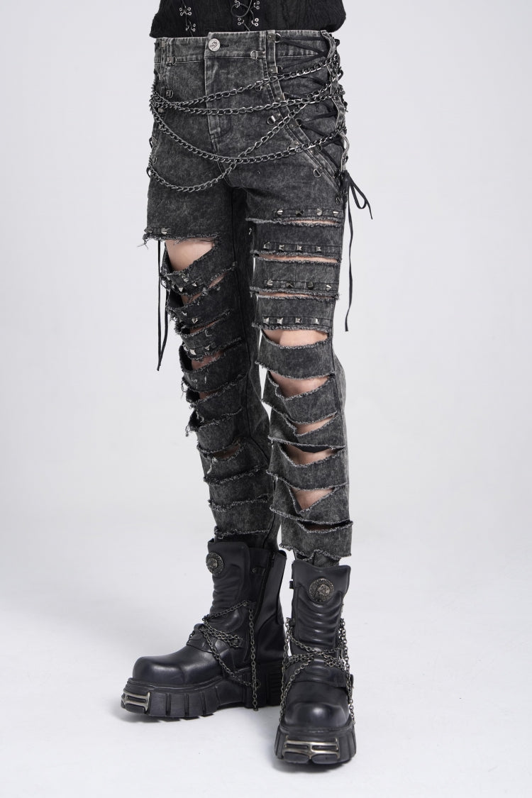 Black Ripped Rivet Men's Punk Pants with Chain - Product - 5