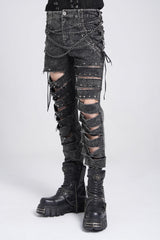 Black Ripped Rivet Men's Punk Pants with Chain - Product - 5