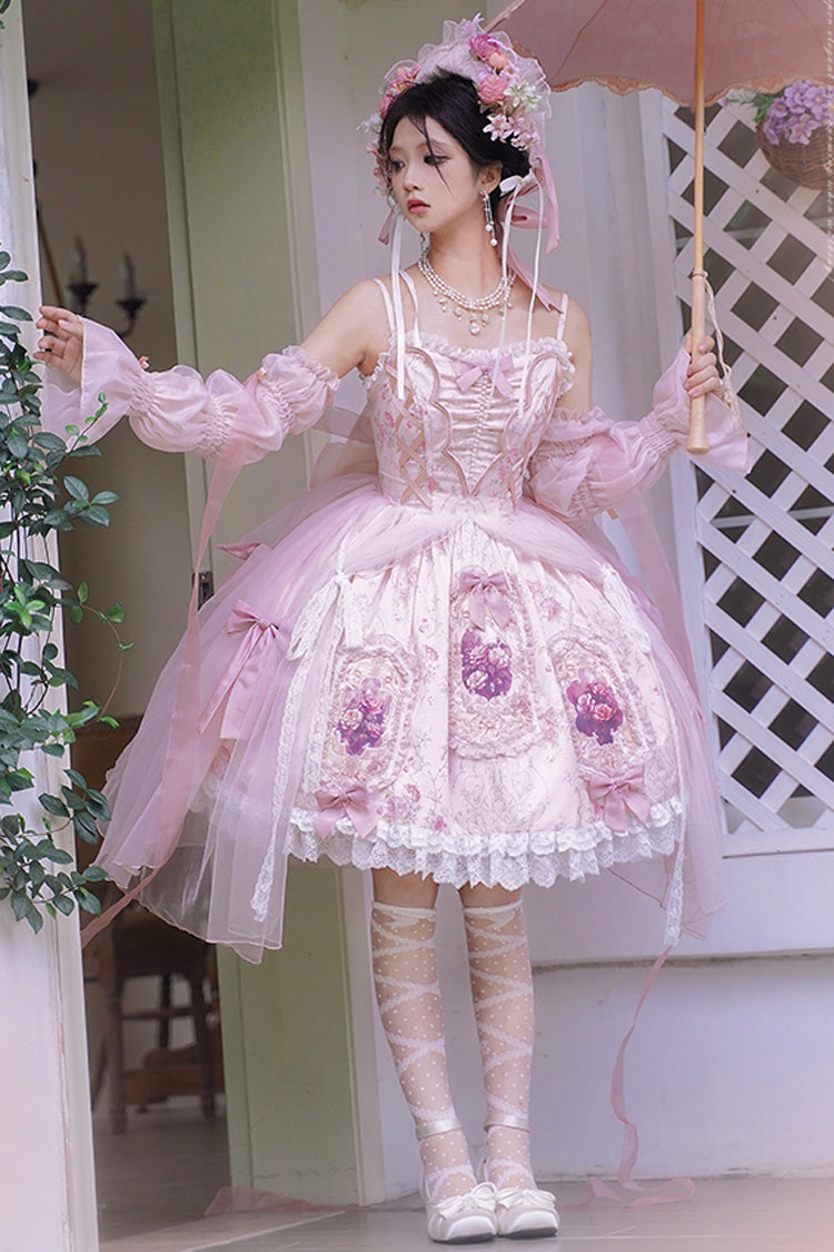 Pink [Rose Window] Print Ruffle Bowknot Lace Sweet Elegant Princess Lolita Jsk Dress - Product - 11