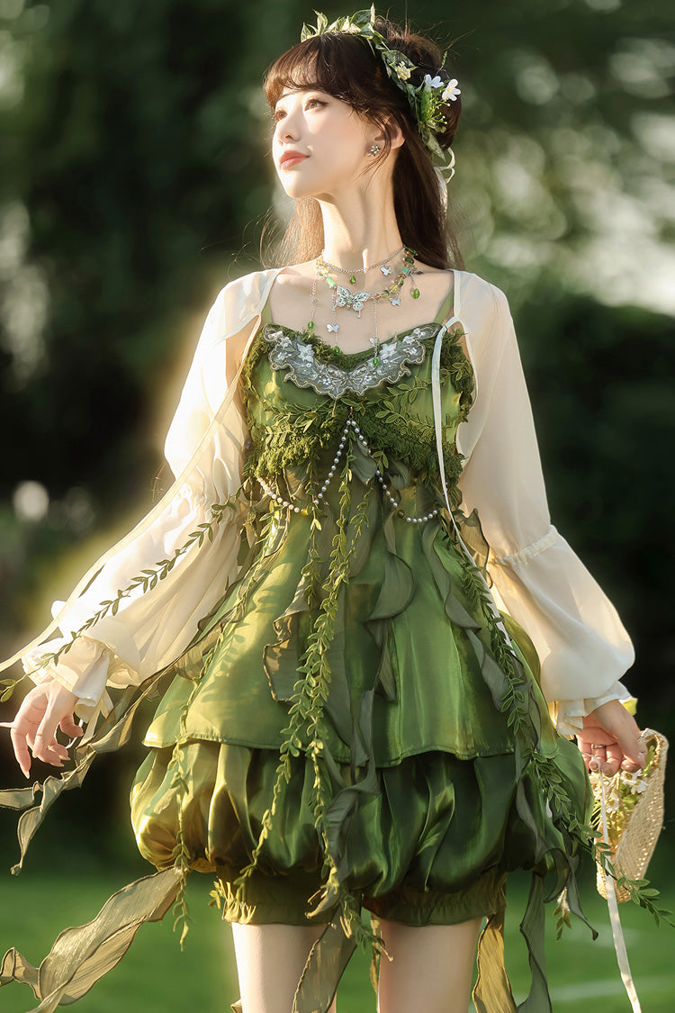 Green [Children of the Forest] Leaf Decoration Ruffle Irregular Sweet Lolita Jsk Dress Set - Product - 4