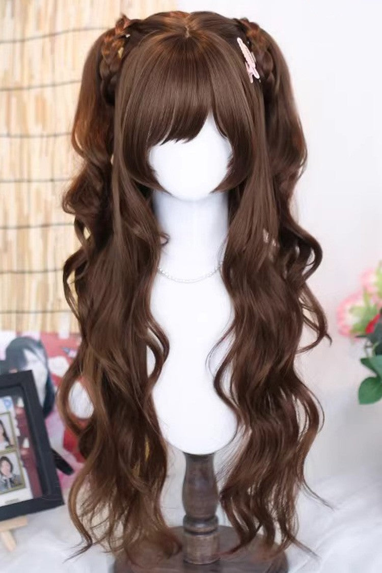 Warm Brown Long Wavy Curls with Wispy Bangs Daily Sweet Lolita Wig - Warm-Brown - 1