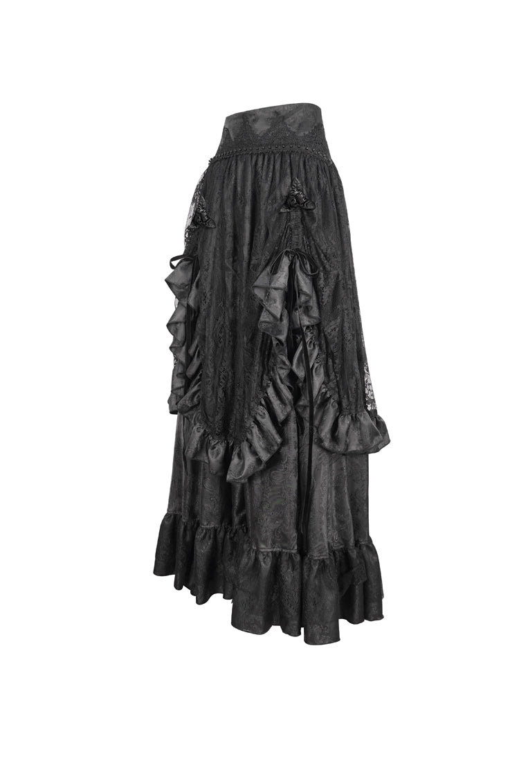 Black Ruffle Lace Drawstring Women's Gothic Skirt - Product - 6