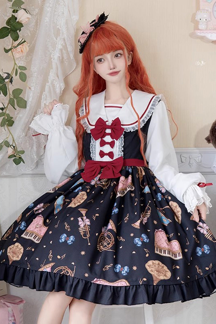 [Bear Band] Long Sleeves Print Ruffle Bowknot Lace Sweet Elegant Princess Lolita Dress 3 Colors - Black - 2